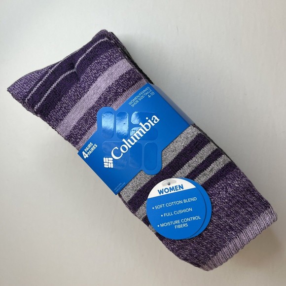 Columbia Womens Crew Socks 4 Pair Soft Cotton Blend Size 4-10 Wild Iris Charcoal - Picture 1 of 8